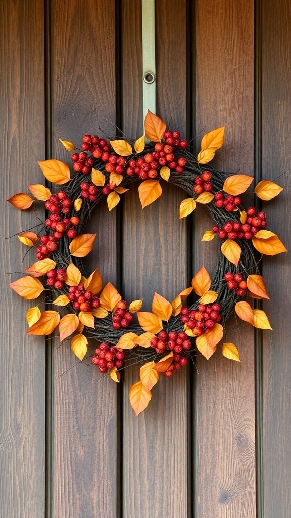 A cozy autumn wreath with orange leaves and red berries hanging on a wooden door.