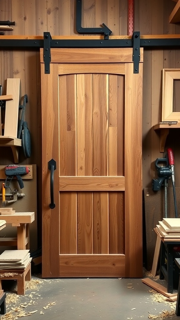 A rustic wooden barn door in a workshop, showcasing craftsmanship.