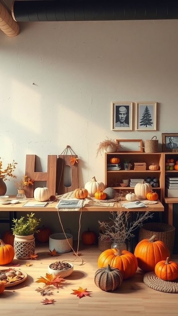 A cozy fall room decor featuring pumpkins, wooden letters, and warm colors.