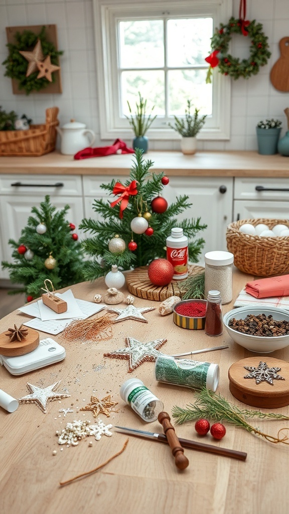 A festive kitchen scene with crafting supplies for homemade ornaments, including small trees, glitter, and decorative items.