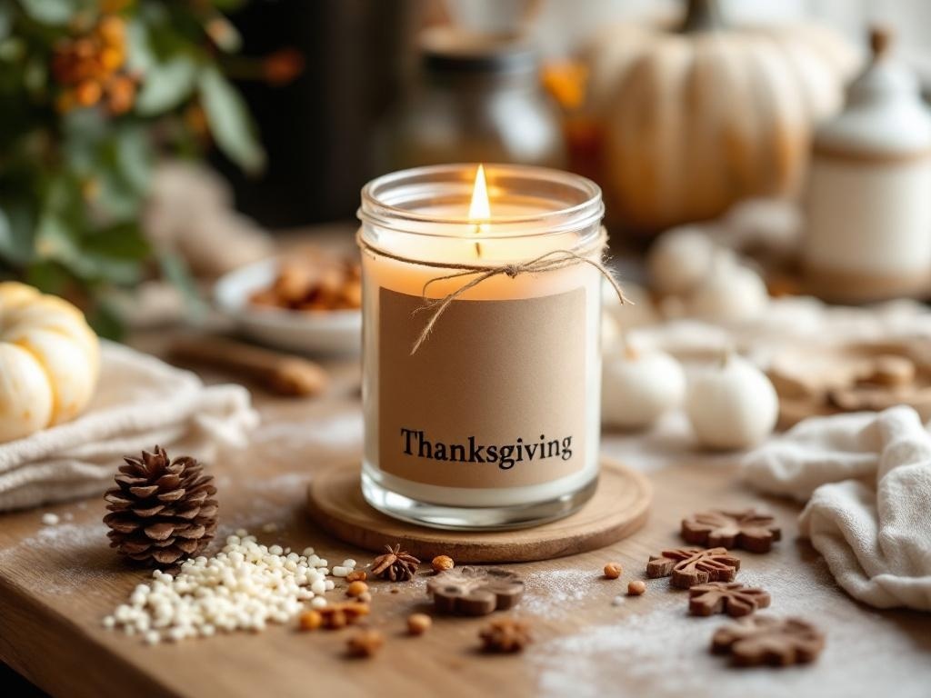 A lit Thanksgiving candle in a glass jar with a label, surrounded by seasonal decorations.
