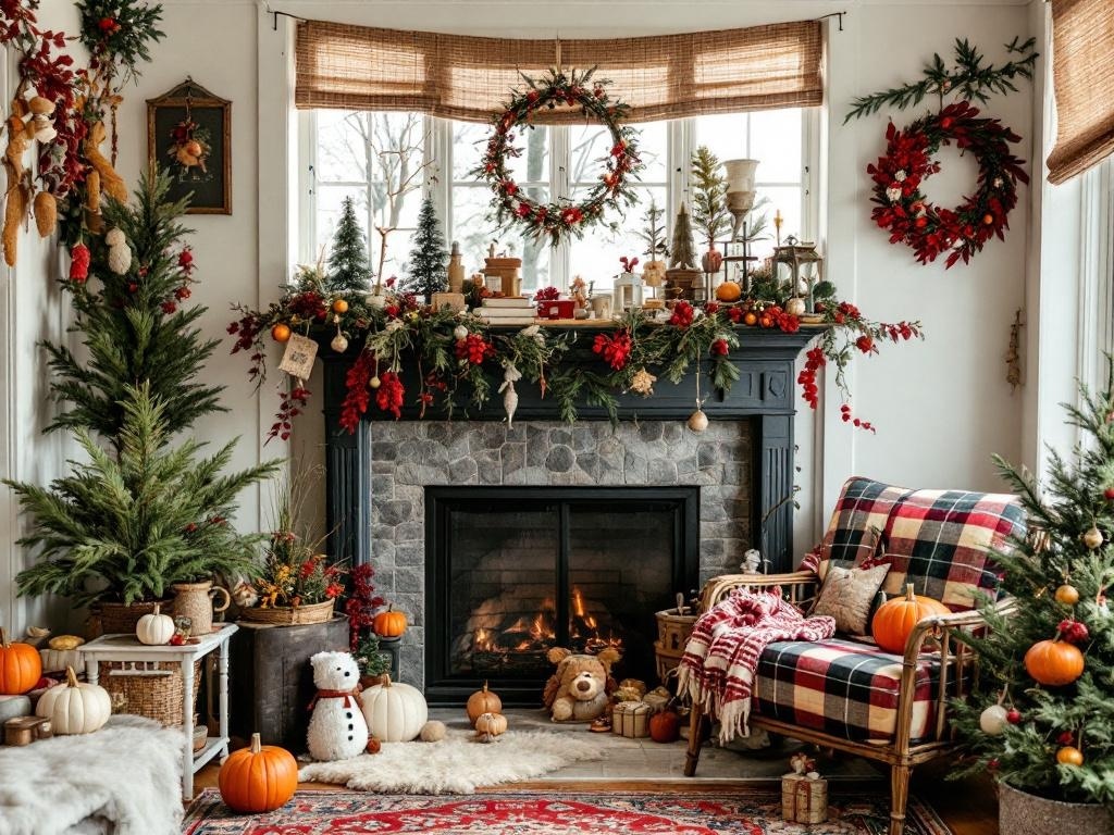 Cozy living room decorated for the season with a fireplace, pumpkins, and festive wreaths.