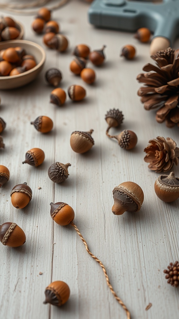 A collection of acorns and pinecones on a wooden surface, with a glue gun and a bowl of acorns.
