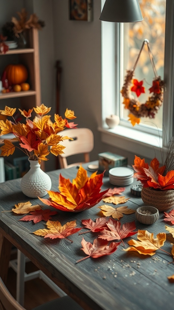 A cozy table decorated with colorful fall leaves, showcasing a warm autumn atmosphere.