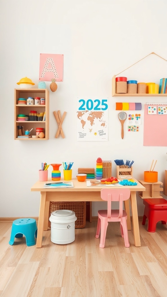 A colorful and organized craft room designed for kids, featuring a table with art supplies and storage.