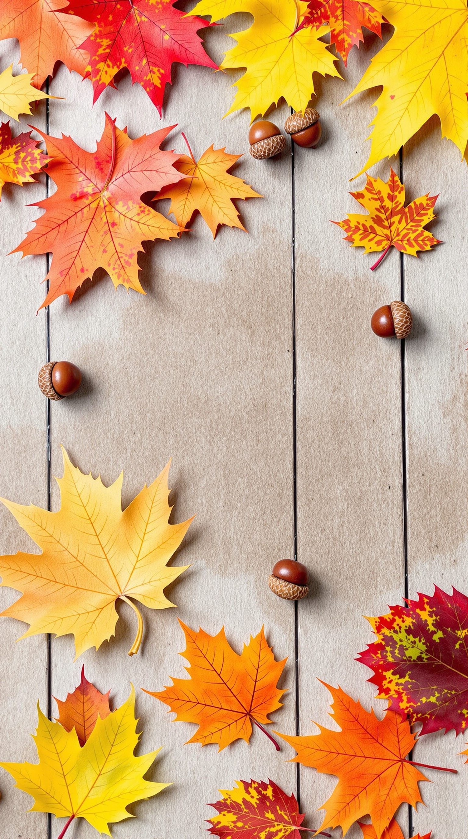 Colorful autumn leaves and acorns arranged on a wooden surface