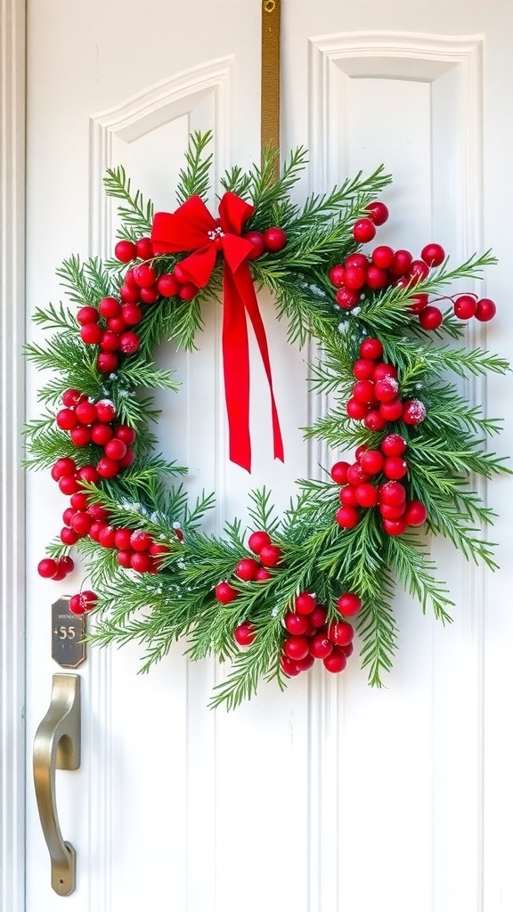 A winter wreath made of cranberries and cedar with a red bow, hanging on a front door.