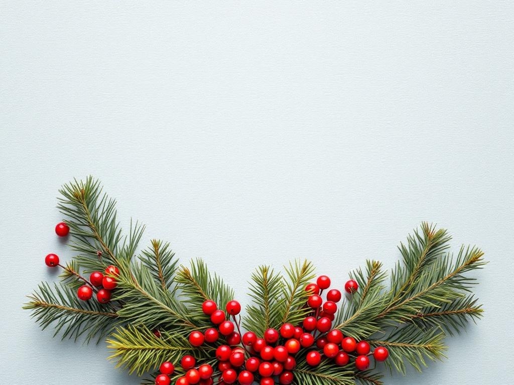 A wreath made of pine branches and red cranberries on a light background.