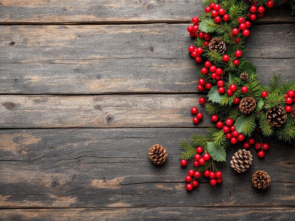Thanksgiving wreath with cranberries and pinecones on a wooden background