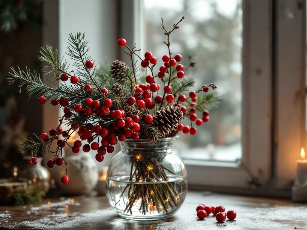 A beautiful arrangement of cranberries and pinecones in a glass vase, set against a window.