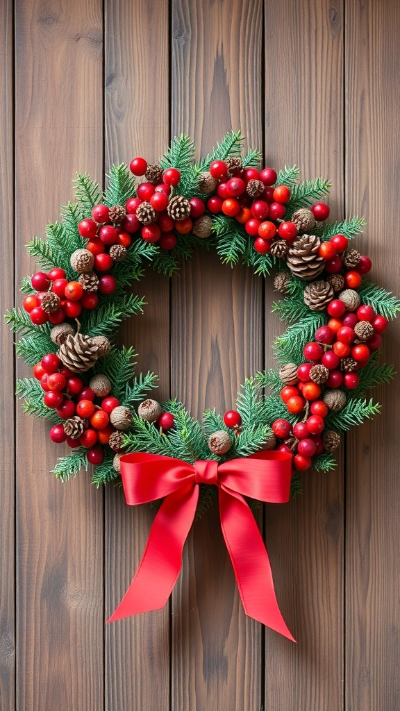A beautiful cranberry and pinecone wreath adorned with a red ribbon, set against a wooden background.