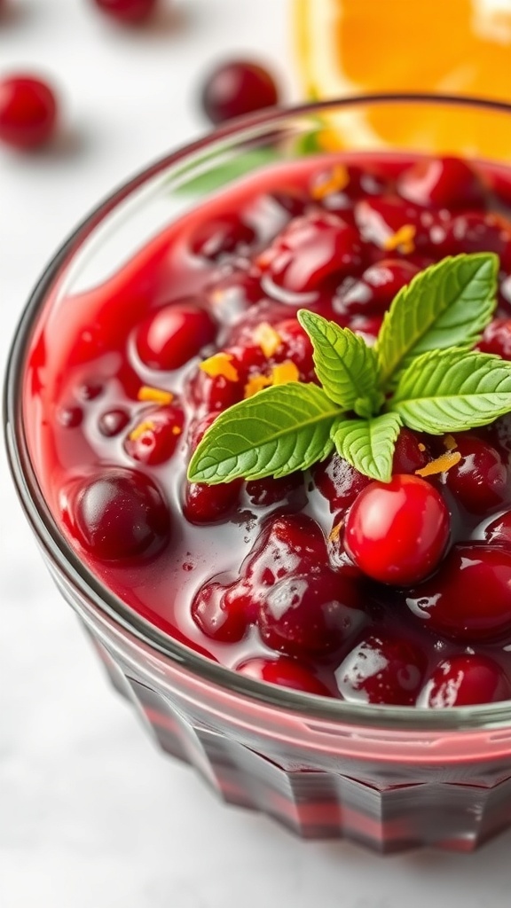A bowl of cranberry sauce garnished with mint leaves and orange zest.