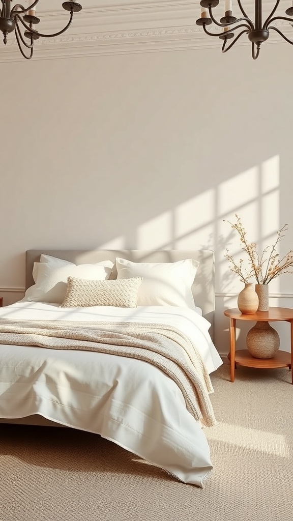 A cozy black and cream bedroom featuring cream accents in pillows and decor.