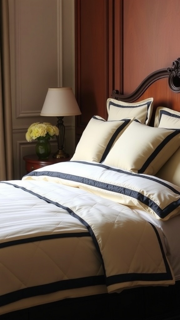 A cozy bedroom featuring cream bedding with black trim, complemented by dark wood furniture.