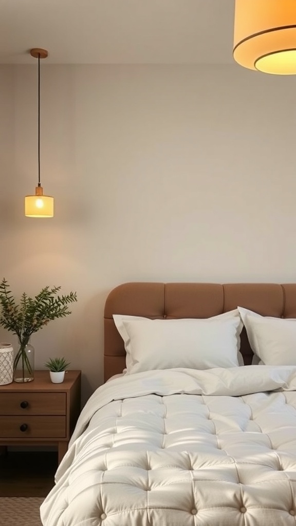 A cozy bedroom featuring cream lighting fixtures, a cream quilted bedspread, and a wooden nightstand with plants.