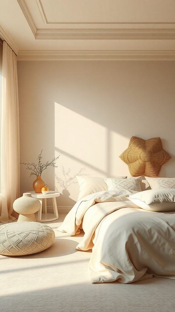 A cozy beige bedroom with soft textiles and natural decor.