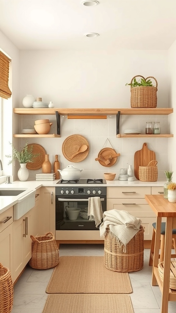 A cozy kitchen featuring creamy beige cabinetry, wooden shelves, and woven baskets, creating a warm and inviting atmosphere.