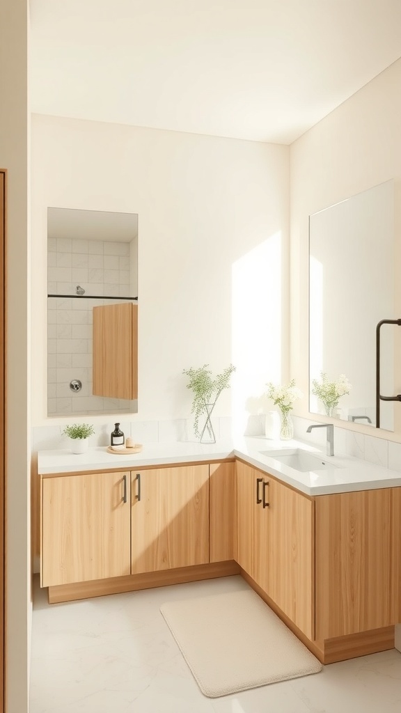 A bright bathroom featuring creamy off-white walls and natural wood cabinetry.