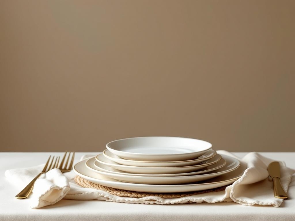 A stack of creamy white dinner plates on a neutral table setting with gold utensils.