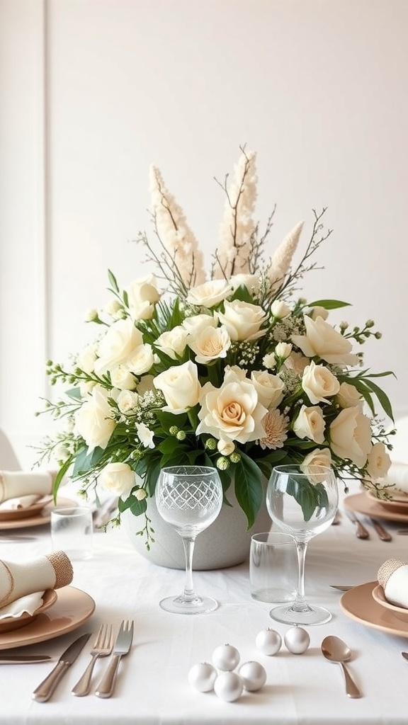 A beautiful arrangement of creamy white flowers in a modern vase, set on a dining table with elegant tableware.