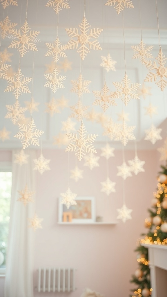 Hanging creamy white snowflakes in a pastel themed room