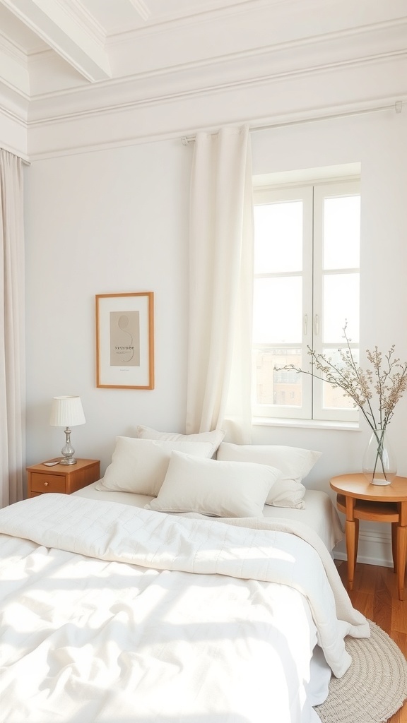 A neutral teen girl bedroom featuring white walls, a cozy bed with fluffy pillows, and warm wooden furniture.
