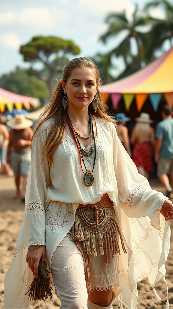 A woman in a bohemian western outfit with a flowing top and fringed belt, smiling at a festival.