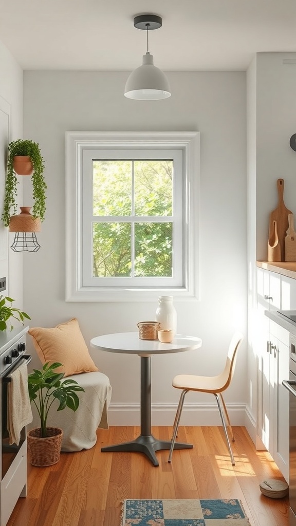 A cozy breakfast nook in a small kitchen corner with a round table, chair, and plants.