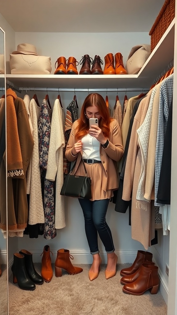 A woman in a beige outfit stands in front of a well-organized closet filled with winter clothing and shoes.