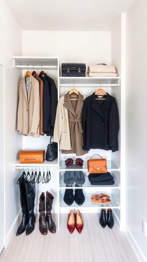 A well-organized closet featuring winter business casual outfits for women, including coats, blazers, shoes, and accessories.
