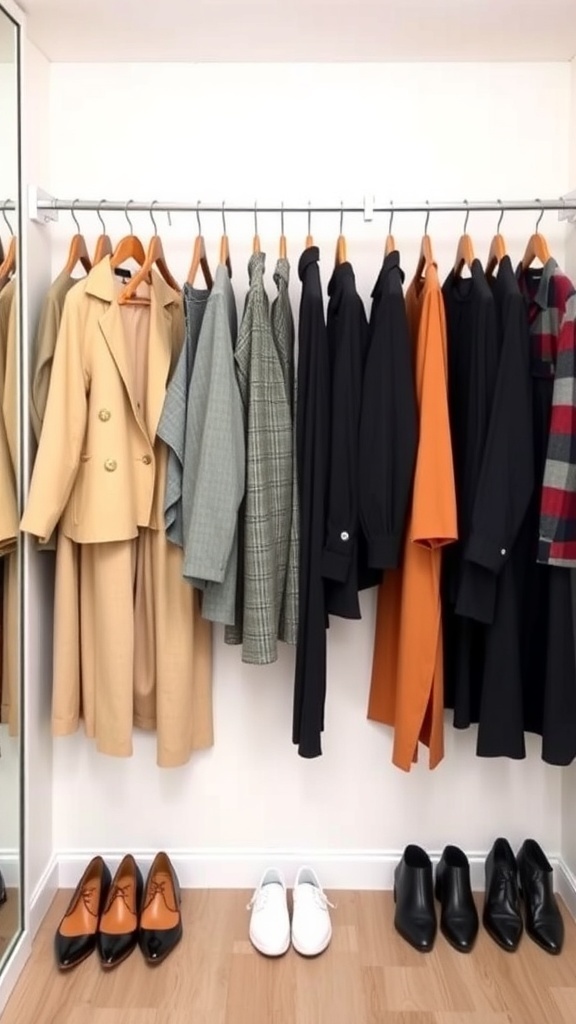 A neatly organized closet showcasing a variety of business casual outfits, including blazers, sweaters, and dresses, along with stylish shoes.