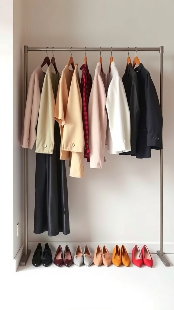 A rack displaying a selection of classic jackets and a row of stylish shoes, representing a capsule wardrobe.
