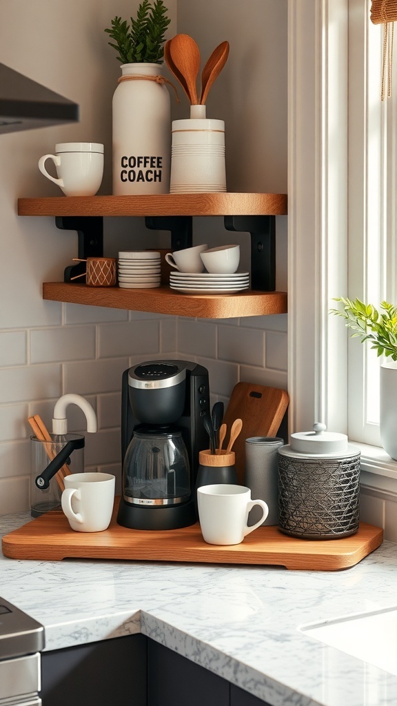 A cozy coffee station with coffee makers, mugs, and decorative jars on a kitchen countertop.