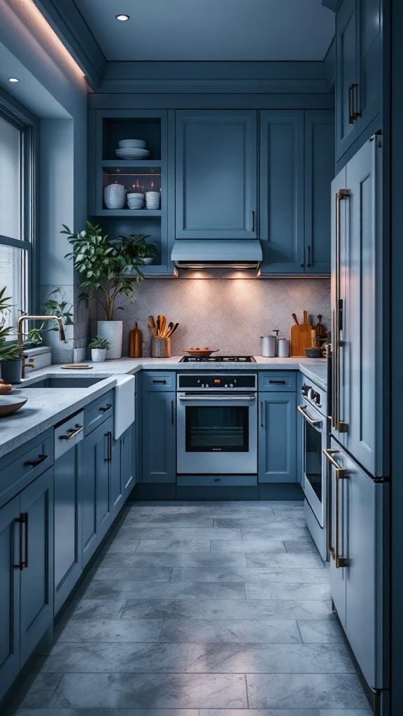 A modern galley kitchen featuring blue cabinets, light countertops, and plants.