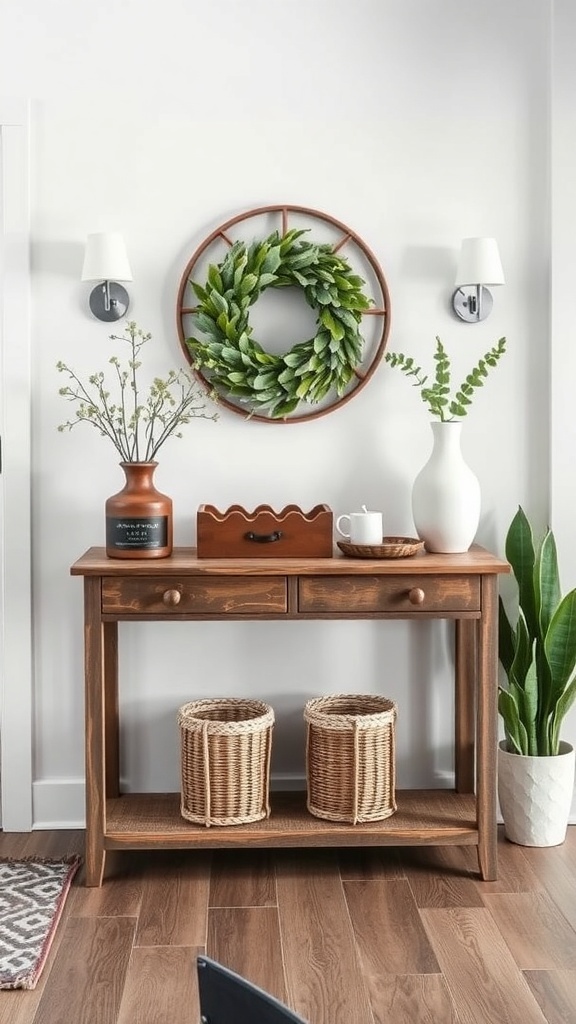 A rustic entryway table with a wreath, plants, and decorative items.