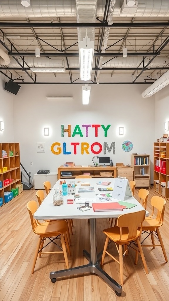 A bright craft room with a large table, colorful chairs, and organized shelves, designed for collaboration.