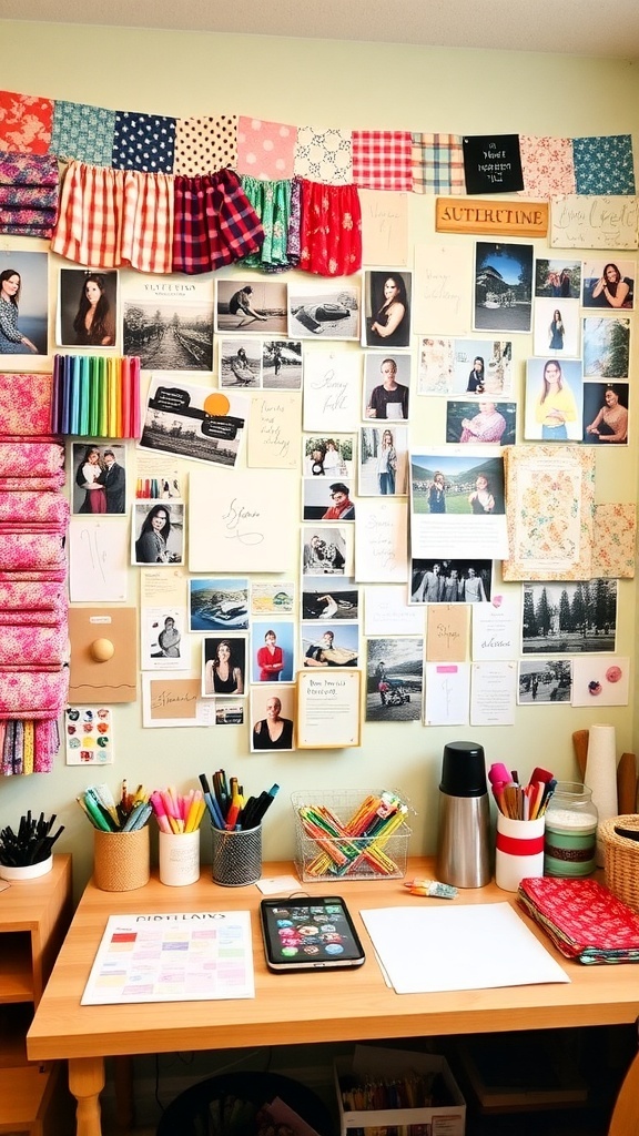 A colorful inspiration wall filled with photos, notes, and craft materials in a cozy craft room.