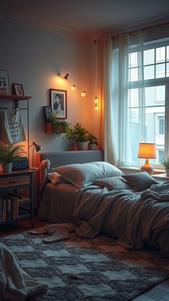 A cozy bedroom with soft lighting, plants, and a neatly made bed.