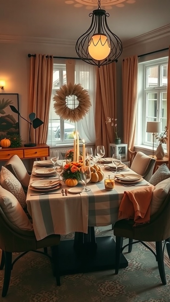 A cozy Thanksgiving dinner table setting with a striped tablecloth, pumpkins, flowers, and soft lighting.