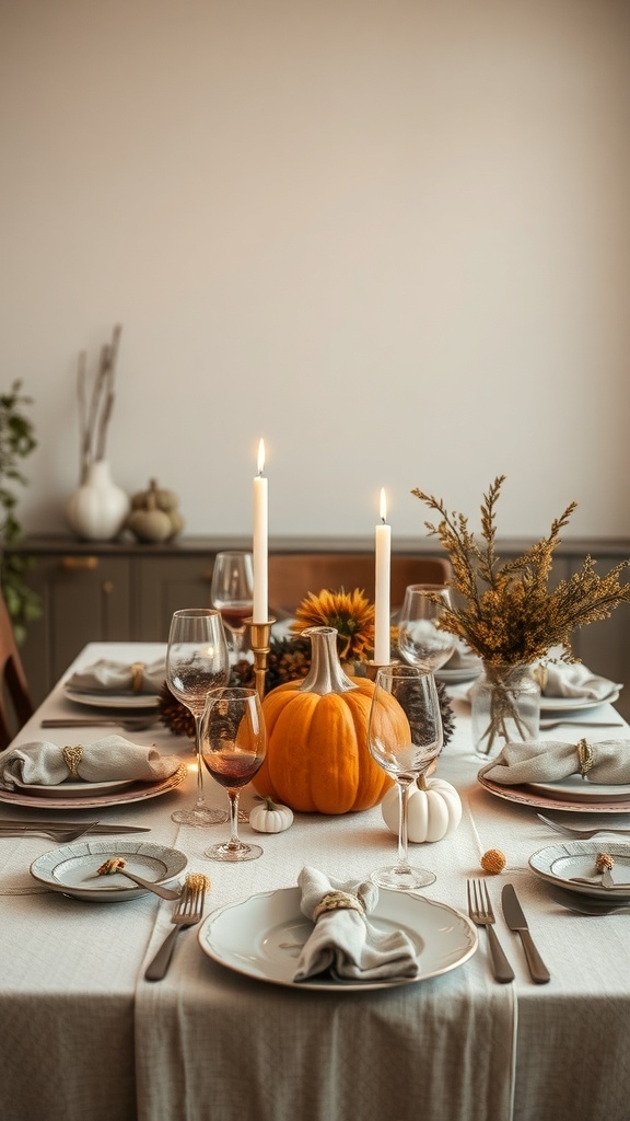 A beautifully set Thanksgiving dinner table with a pumpkin centerpiece, candles, and elegant tableware.