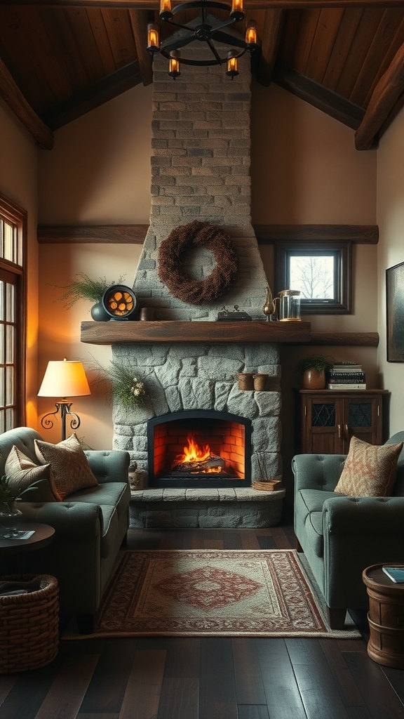 Cozy rustic living room with a fireplace and comfortable seating.