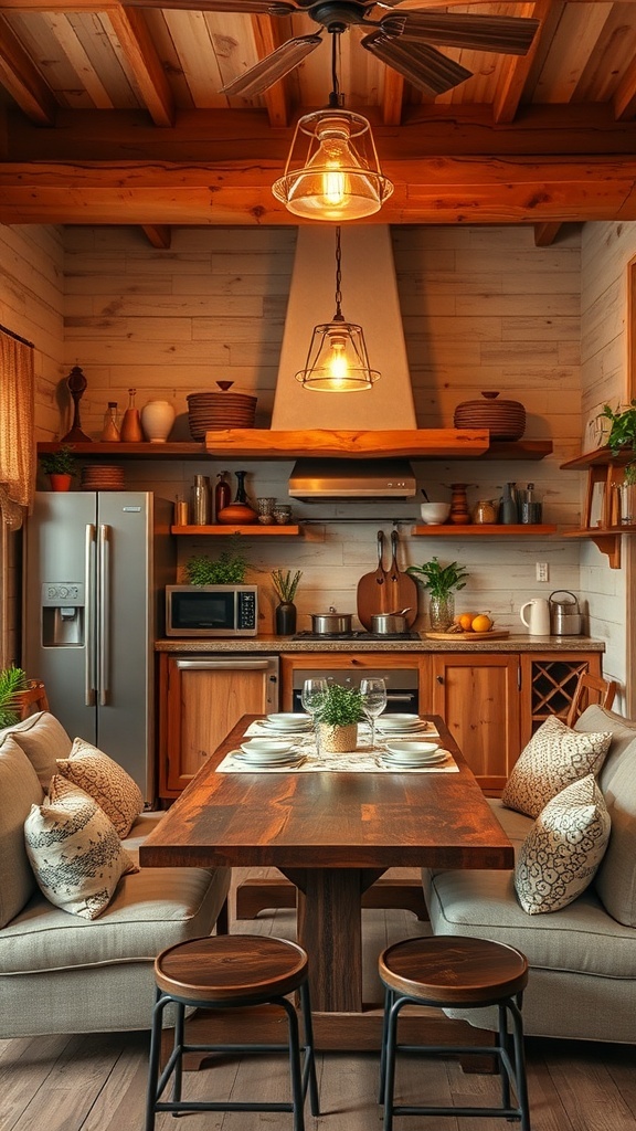 A cozy rustic kitchen with wooden elements, soft lighting, and comfortable seating.