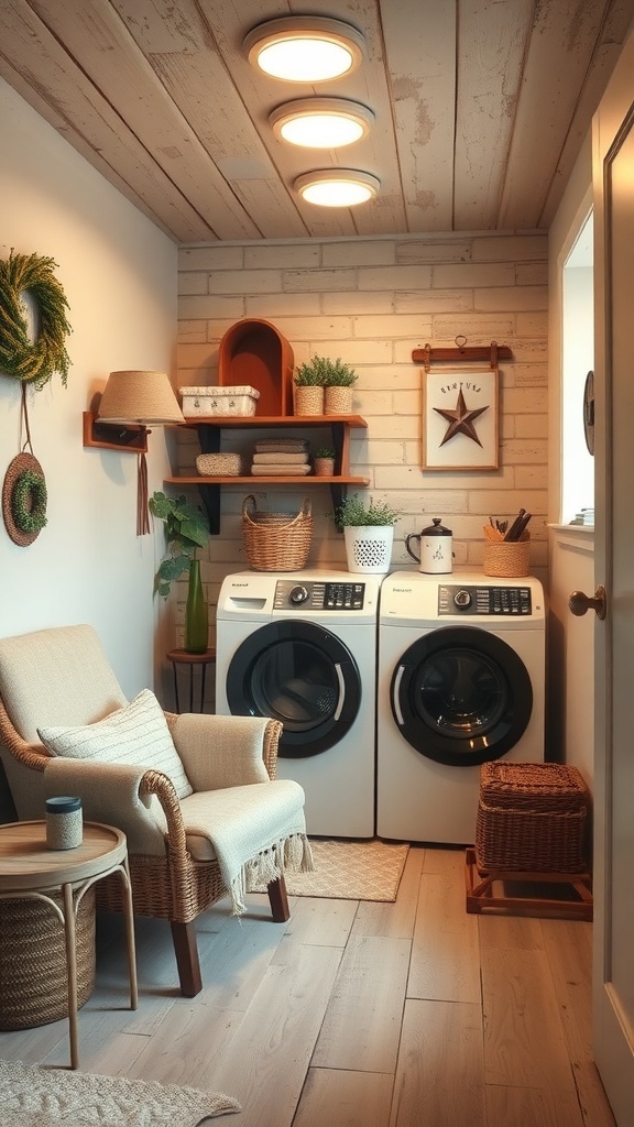 A cozy rustic laundry room featuring a comfortable chair, woven baskets, and modern washing machines.