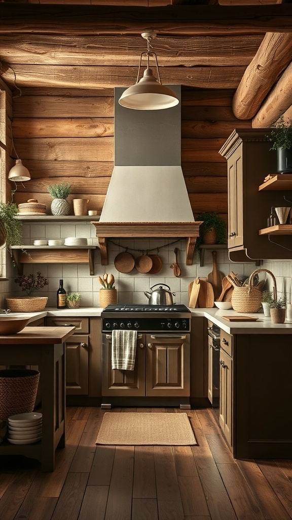 A cozy rustic kitchen with wooden cabinets and warm lighting.