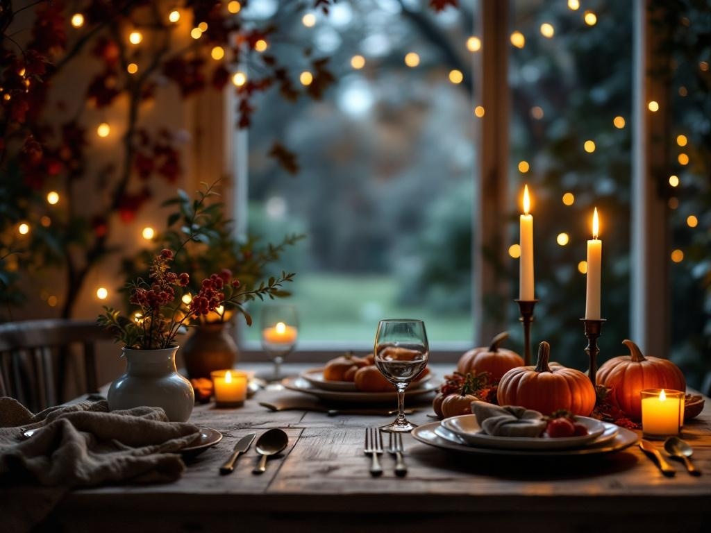 Cozy Thanksgiving table illuminated by candles, pumpkins, and fairy lights.