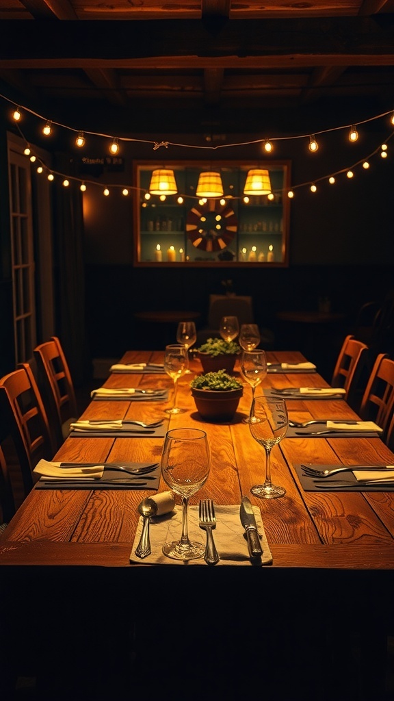 A rustic dining table set with glasses and cutlery, illuminated by warm string lights and lamps.