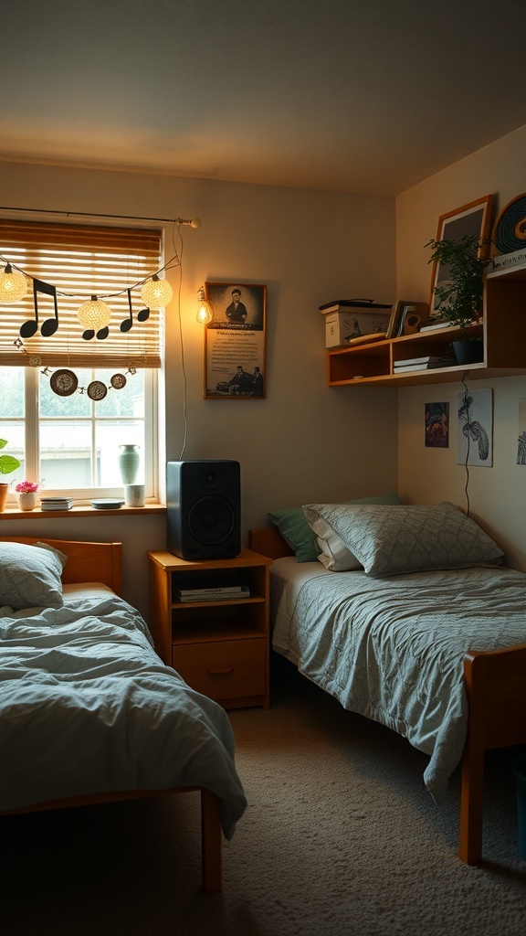 A cozy dorm room with two beds, a speaker, and soft lighting.