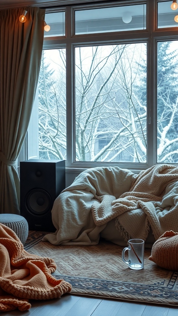 Cozy winter room with blankets and a speaker by the window