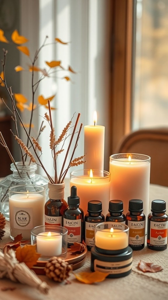 A cozy fall setup with candles, essential oils, and pumpkins.