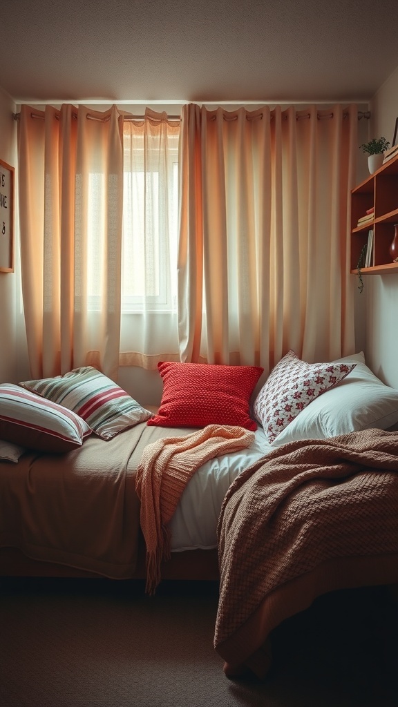 A cozy dorm room with a bed covered in cushions and blankets, light curtains filtering sunlight.